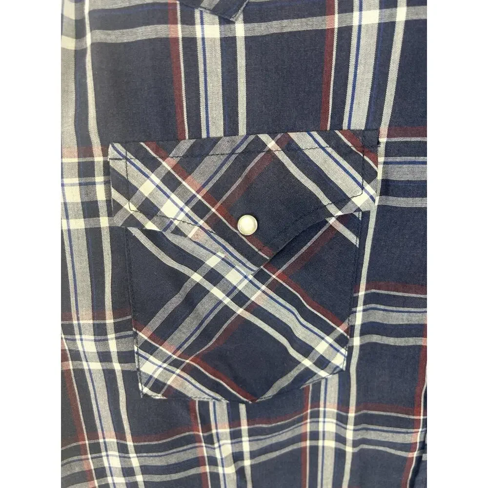 Thrashed Ely Cattleman western Pearl snap long sl blue/white/red shirt Sz L Tall